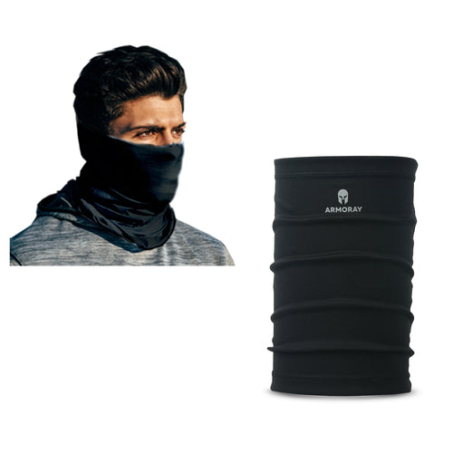A man wears a black ARMORAY FREE Gift Neck Gaiter over his lower face. Beside him, another ARMORAY FREE Gift Neck Gaiter is displayed upright.