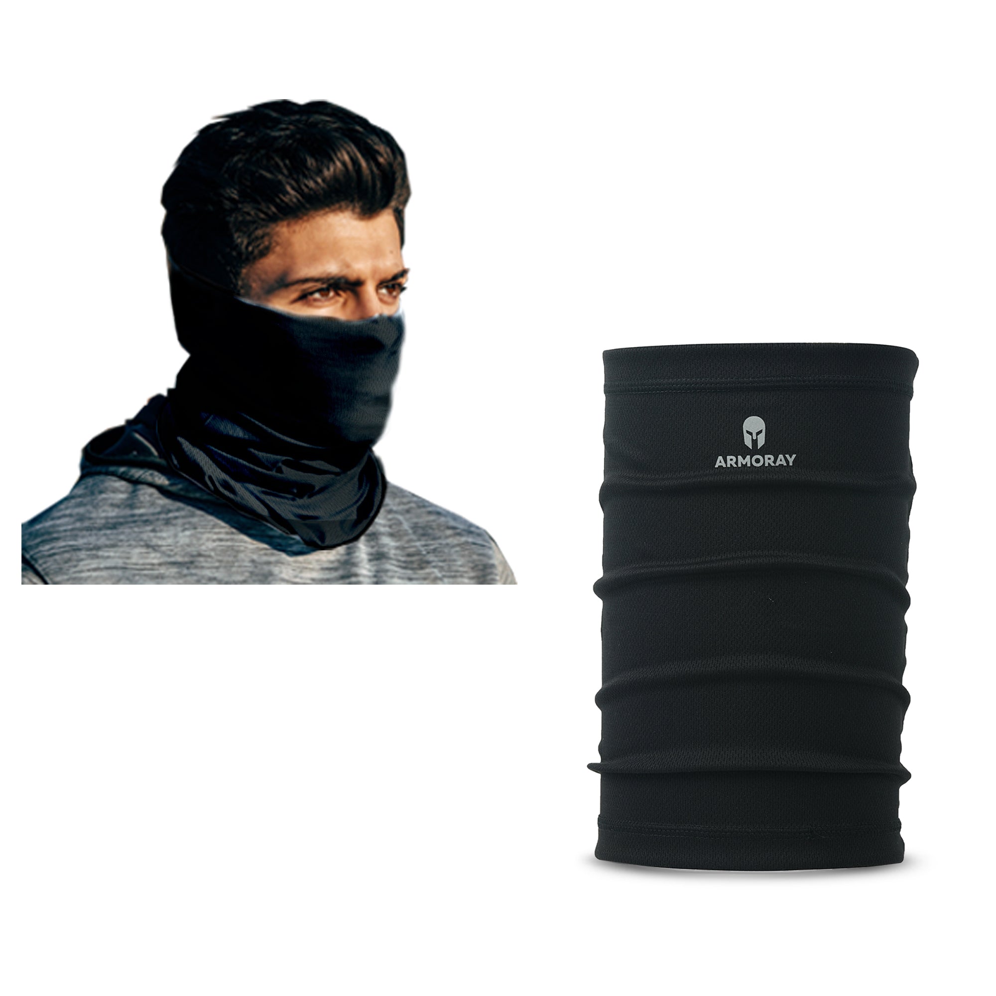 A man wears a black PERFORMANCE TEK BANDANA from ARMORAY Basics, covering his nose and mouth; beside him is a close-up of the same black bandana rolled up.