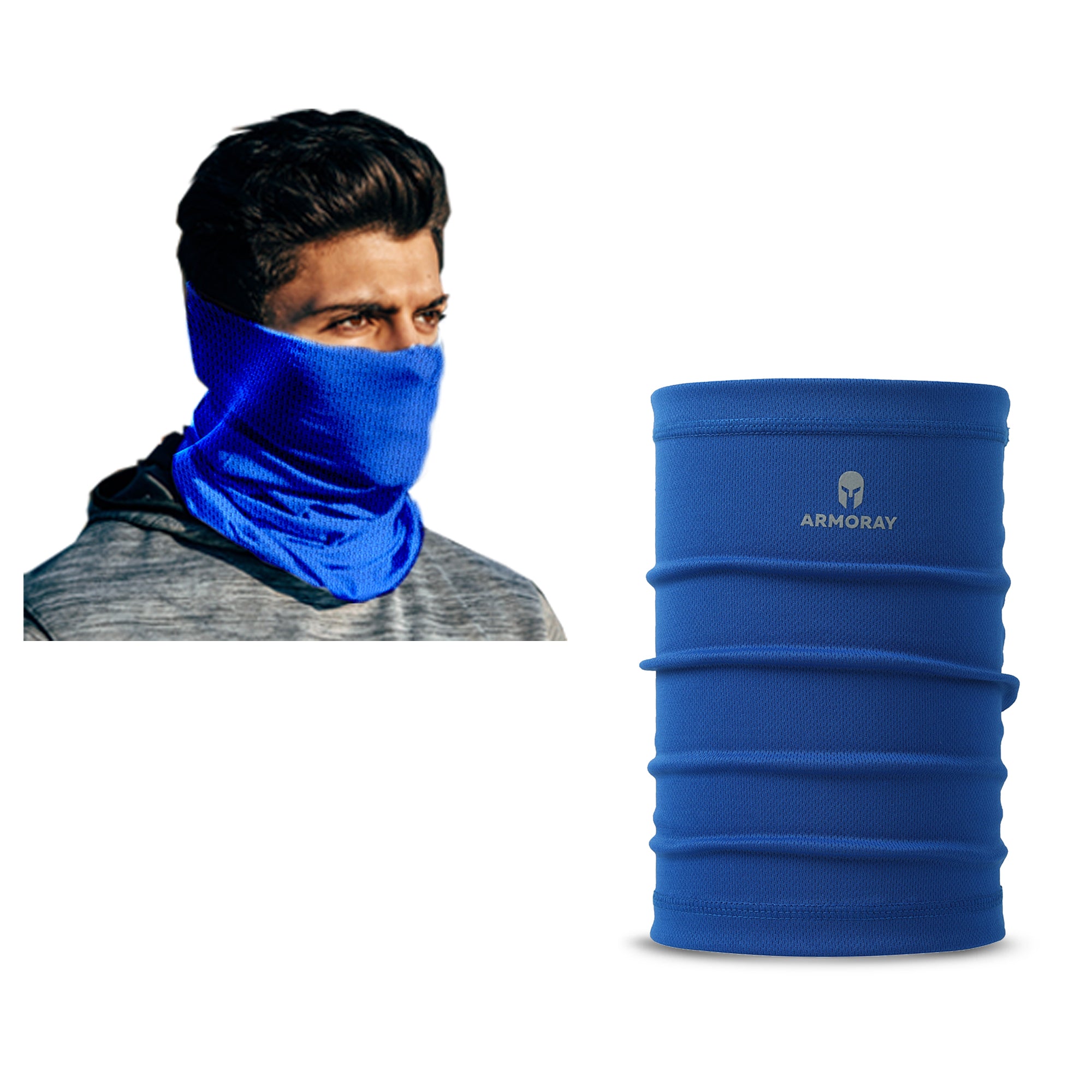 A man wears a blue PERFORMANCE TEK BANDANA by ARMORAY Basics over his nose and mouth; beside him, a blue ARMORAY Basics PERFORMANCE TEK BANDANA stands upright.