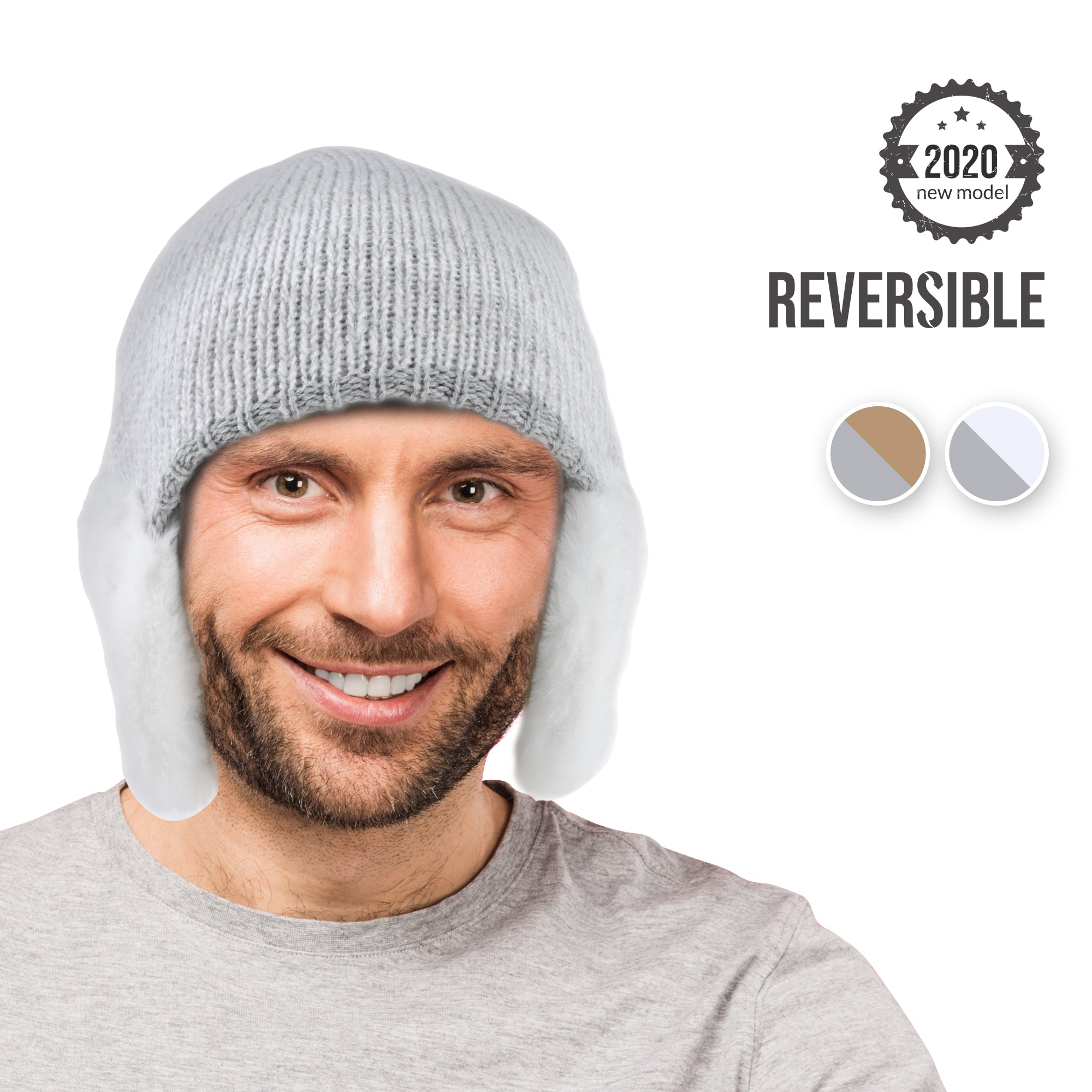 A man wears the ARMORAY Basics Winter Beanie with Earmuffs, featuring gray knit and white ear flaps. This 2020 new model is reversible, comes in two colors, and has a cozy thermal fleece lining—ideal for winter warmth or as ear muffs.