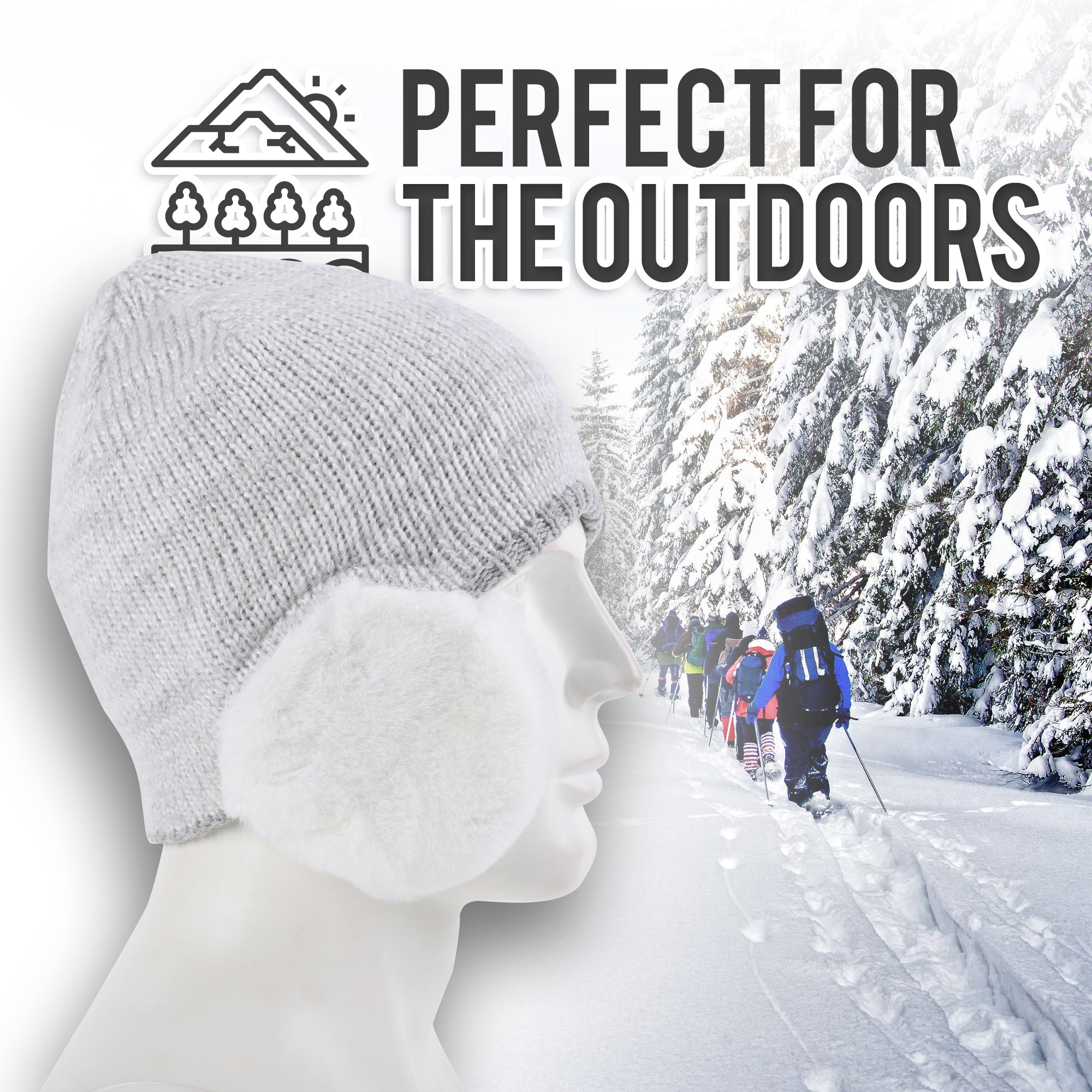 The ARMORAY Basics Winter Beanie with Earmuffs – Warm Knit Hat for Cold Weather is shown on a mannequin head, set against a snowy forest where people are skiing. Text: "Perfect for the Outdoors.