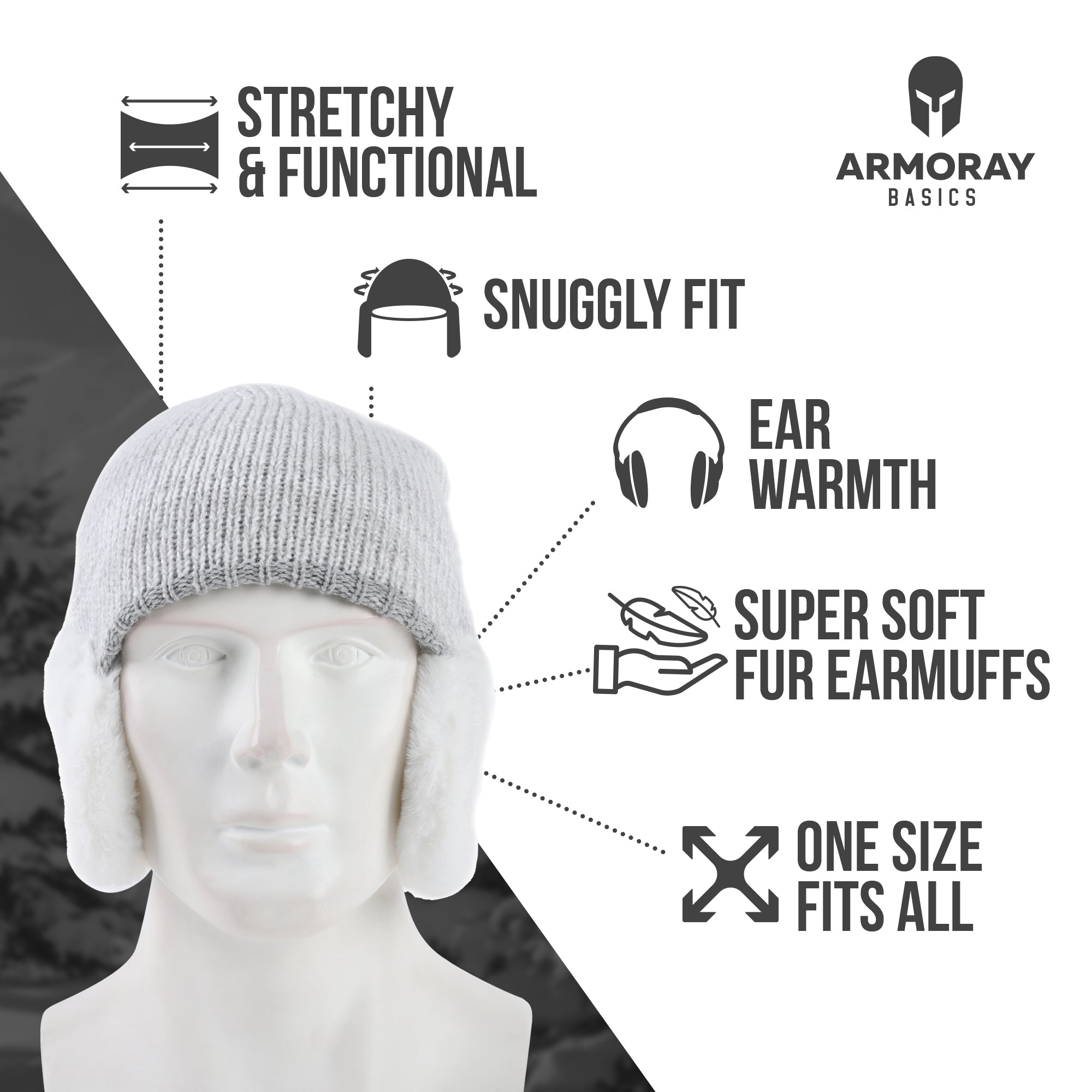 A mannequin showcases the ARMORAY Basics Winter Beanie with Earmuffs—one size fits all, stretchy knit for a snug fit, features super soft earmuffs for extra ear warmth. Armoray logo displayed.