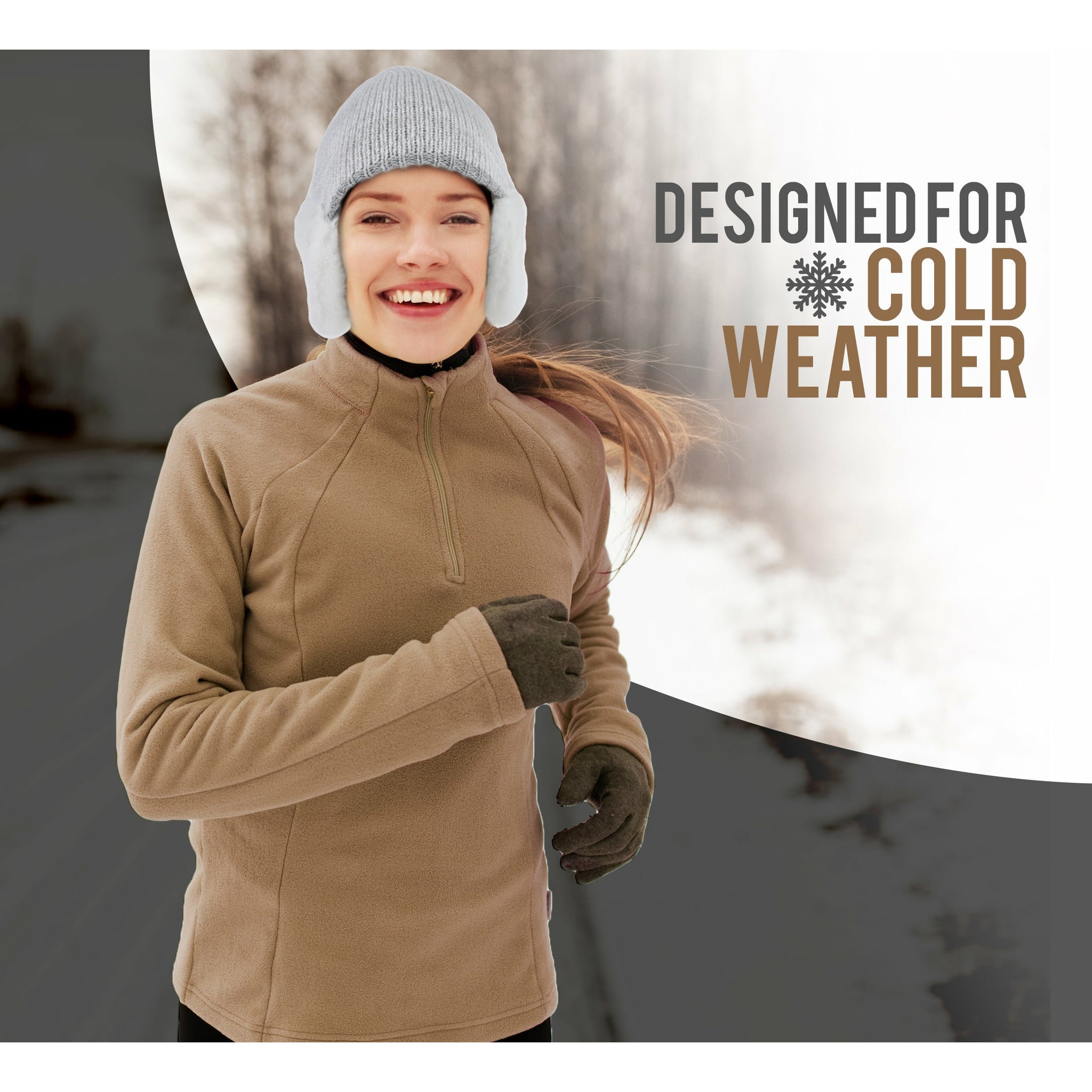 A woman jogs outdoors in winter wearing an ARMORAY Basics Winter Beanie with Earmuffs, thermal fleece jacket, and gloves. The background text reads: "Designed for Cold Weather.