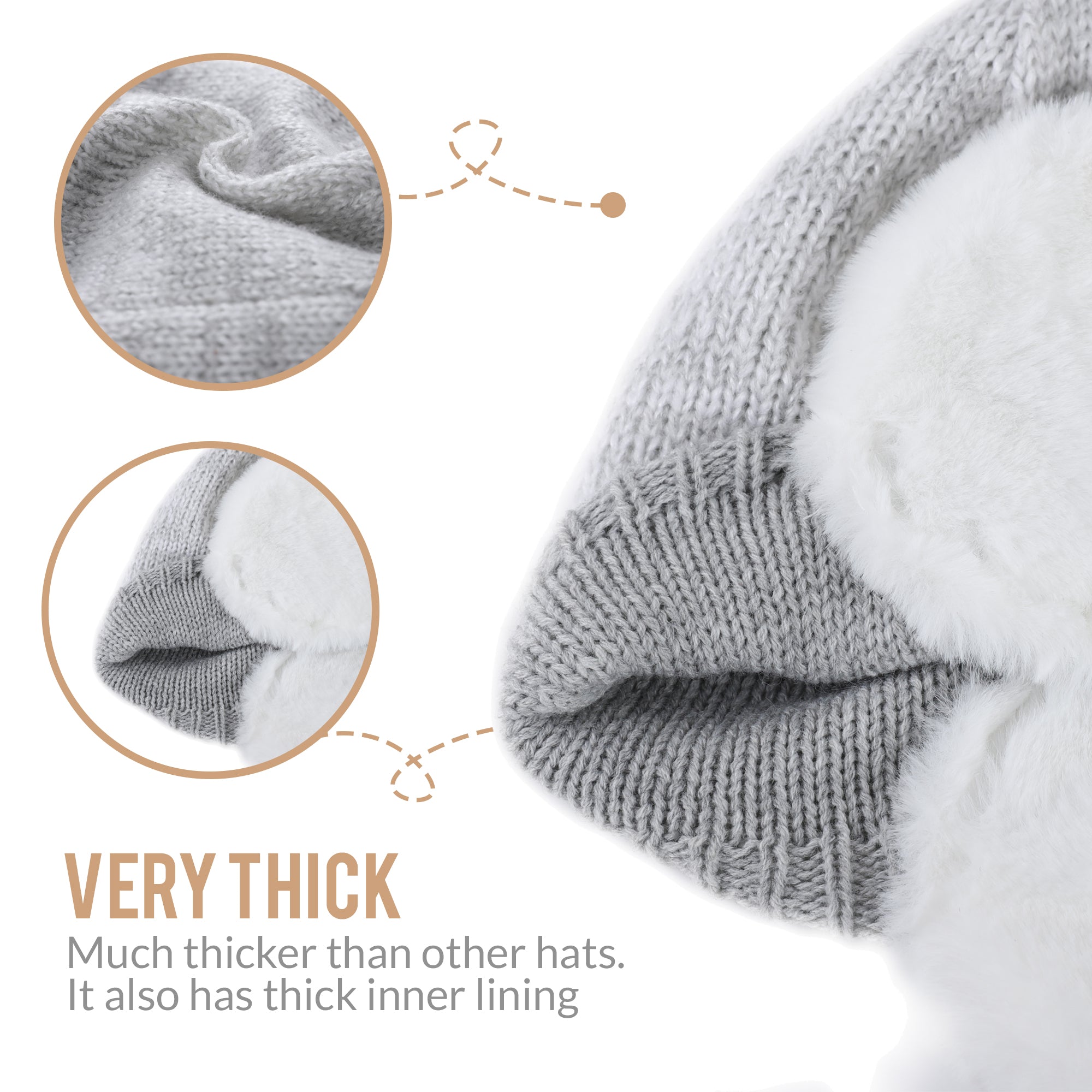 Close-up of the ARMORAY Basics Winter Beanie with Earmuffs, featuring a thick grey knit and plush white fleece lining. Two insets showcase texture and lining details. Text reads: "Very Thick.