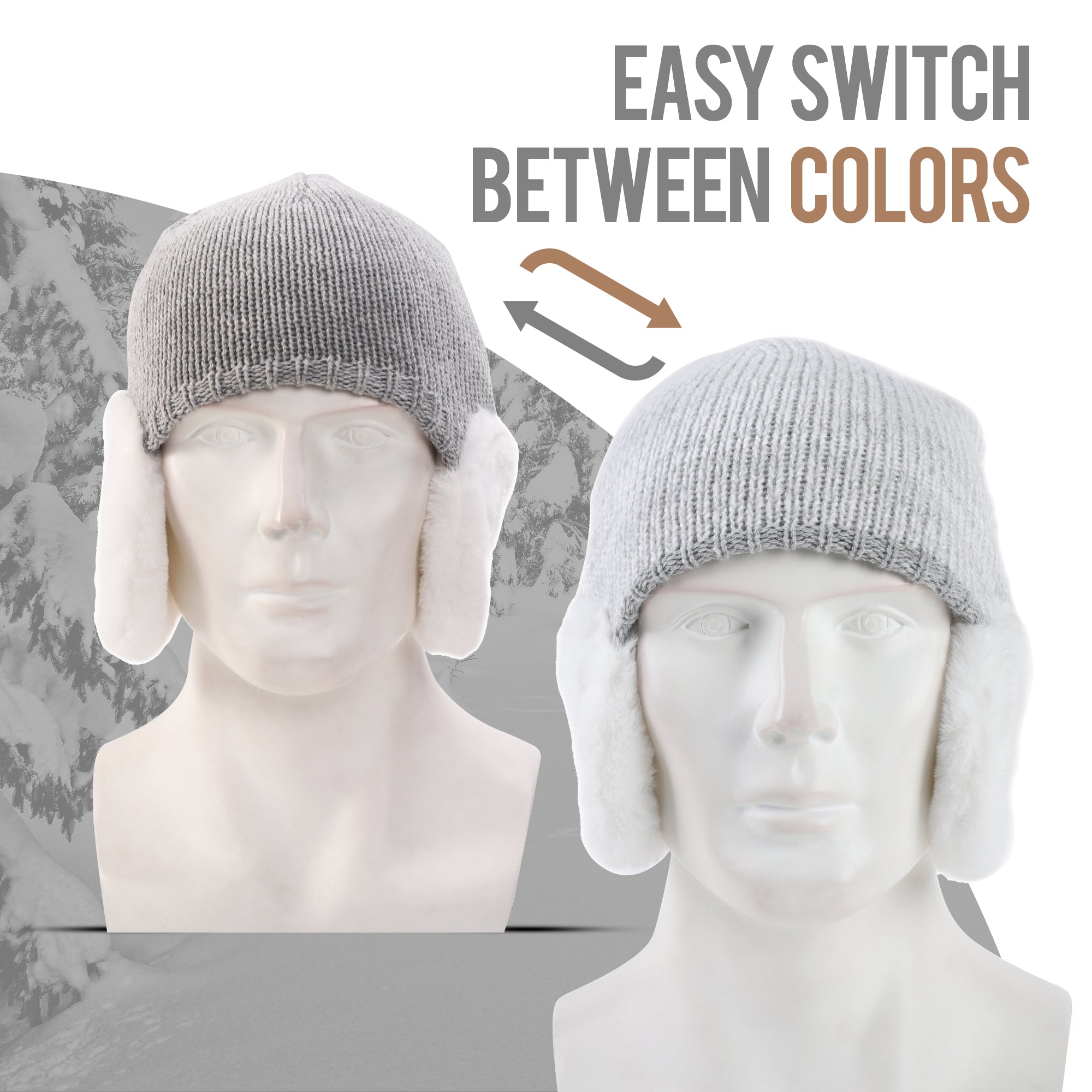 Two mannequins wear ARMORAY Basics Winter Beanie with Earmuffs—warm knit hats with thermal fleece for cold weather. One is light gray, one white. "EASY SWITCH BETWEEN COLORS" appears with a double arrow graphic.