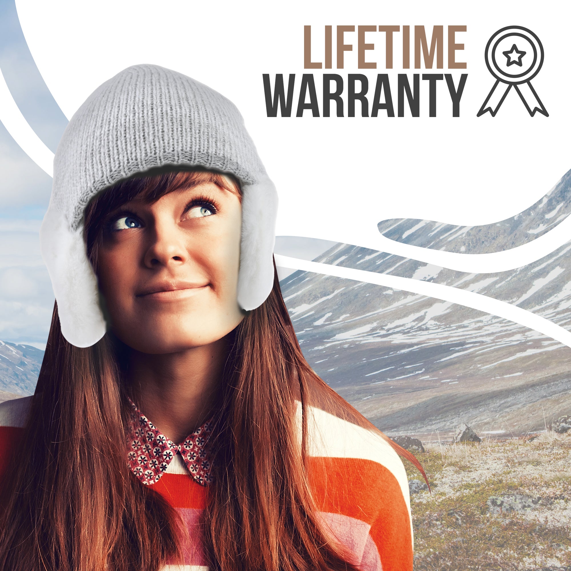 A woman in a gray Winter Beanie with Earmuffs by ARMORAY Basics stands outdoors before snowy mountains. Text reads "Lifetime Warranty" beside an award ribbon icon.