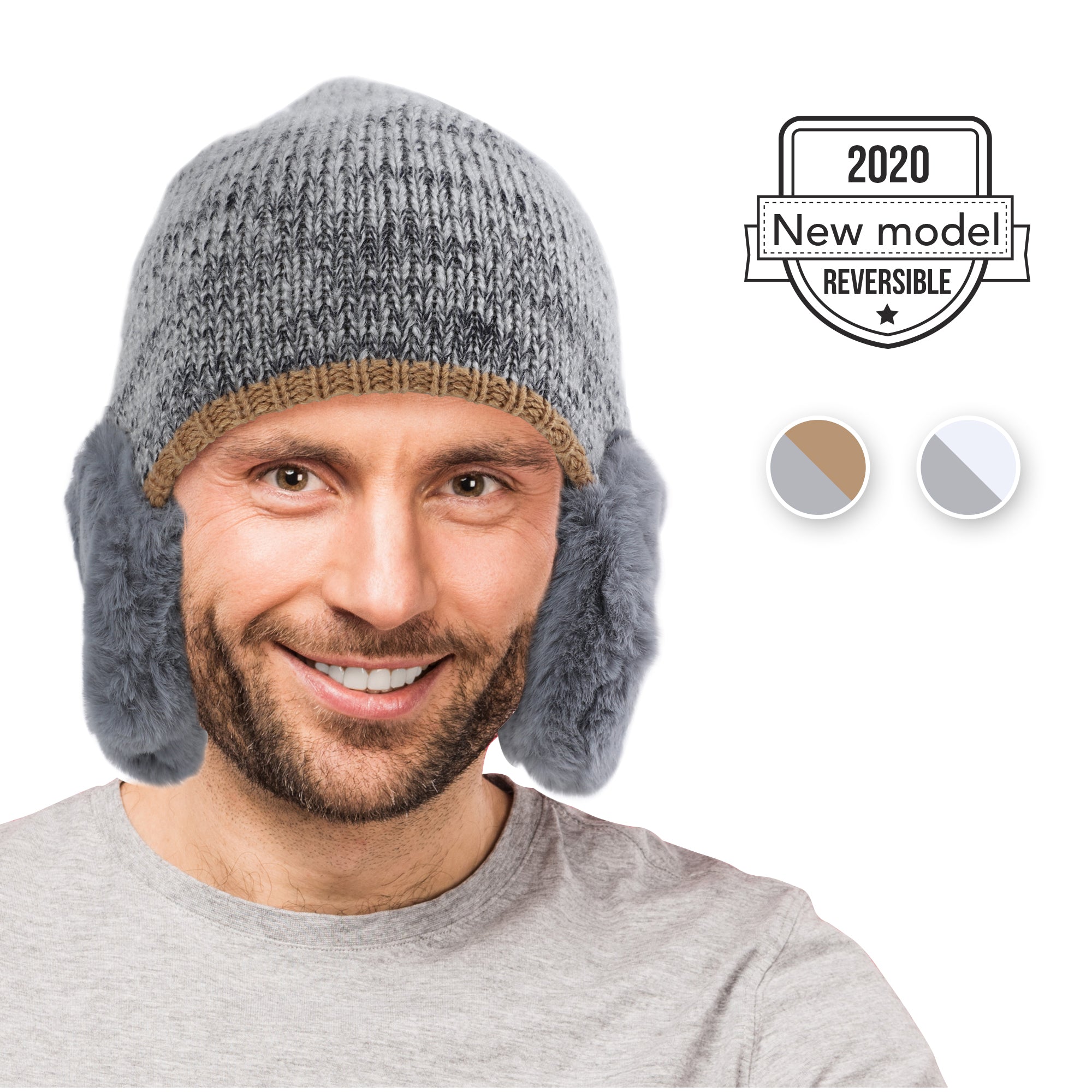 A smiling man wears the ARMORAY Basics Winter Beanie with Earmuffs, a warm knit hat for cold weather featuring faux fur ear flaps and thermal fleece lining; shown here is the 2020 reversible model with two color options.