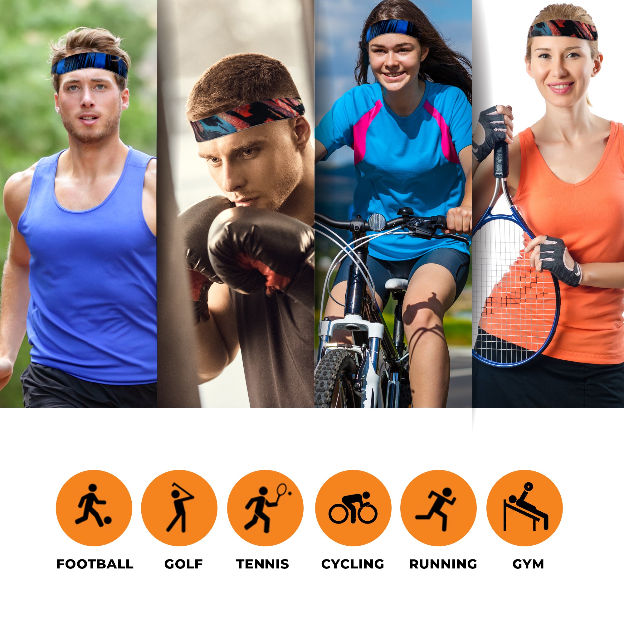 Four people wear Armoray® GripLock Headbands by ARMORAY Basics while running, boxing, cycling, and playing tennis. Icons below show football, golf, tennis, cycling, running & gym—highlighting non-slip comfort for any activity.
