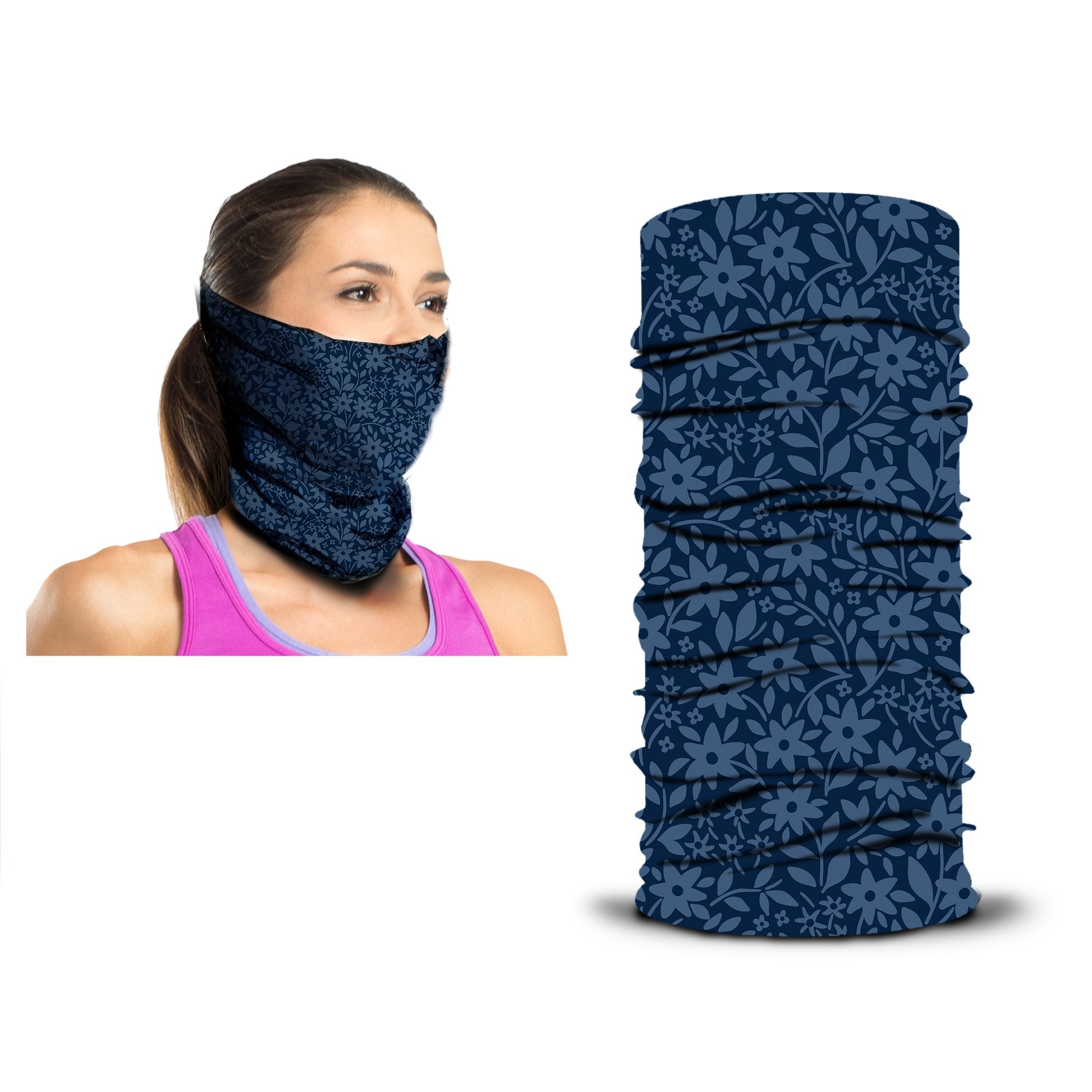 A woman wears a navy blue floral Armoray® Bandana — Designed for the Outdoors by ARMORAY. Beside her, the same sweat resistant bandana is displayed upright, showcasing its full floral pattern and texture.