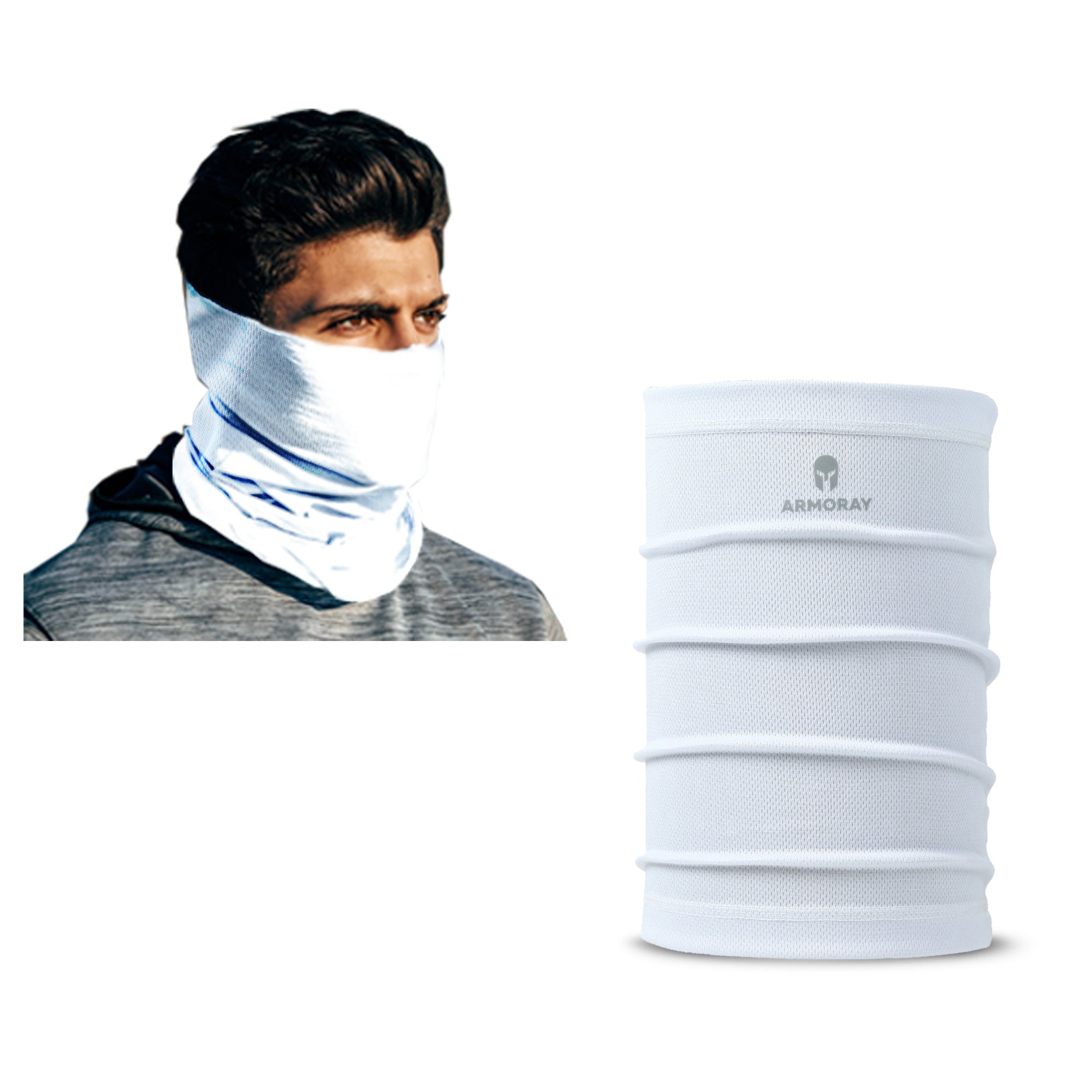 A man wears an ARMORAY Basics PERFORMANCE TEK BANDANA, covering his nose, mouth, and neck, standing beside a close-up of the same bandana.